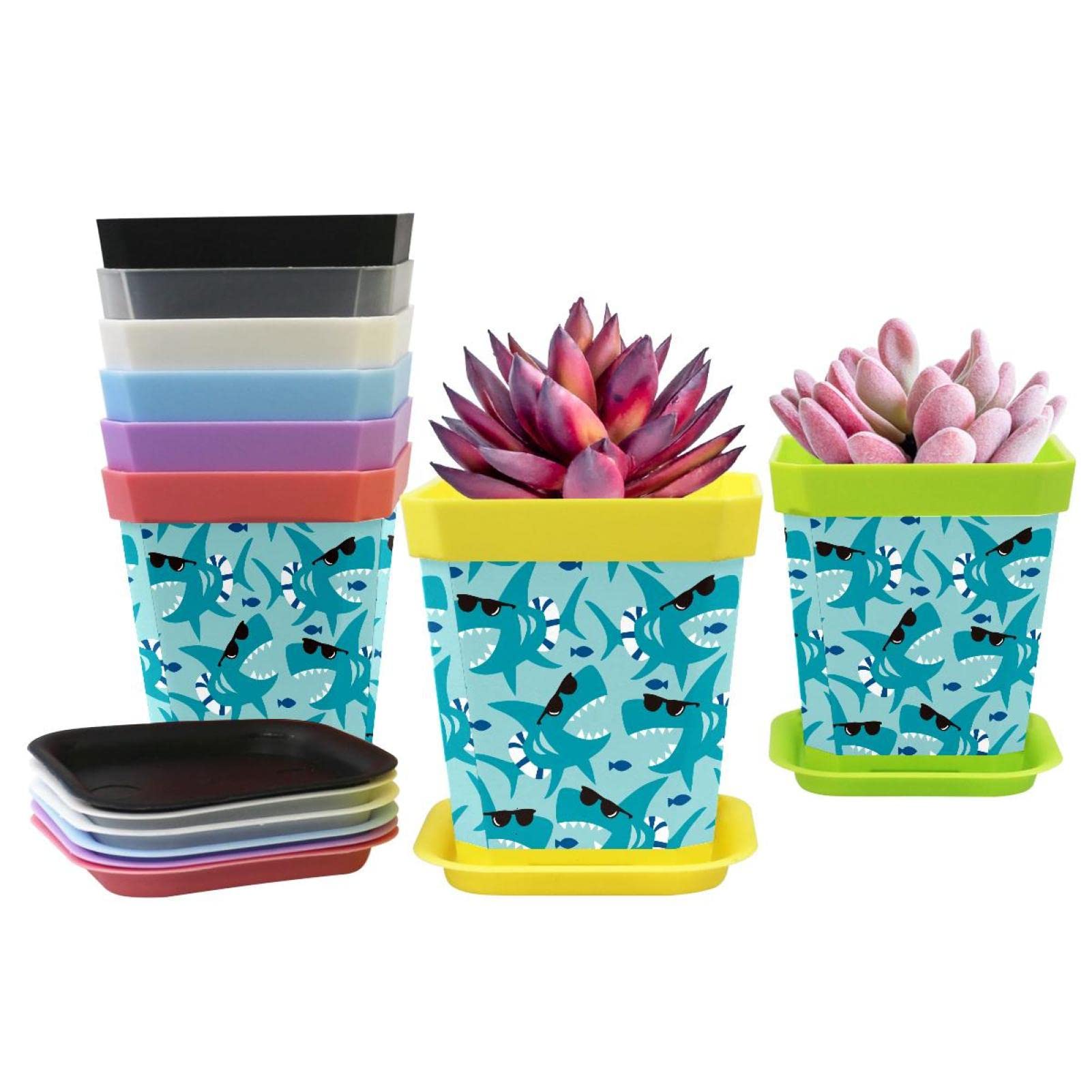 8-Pack Blue Plastic Plant Pots with Tray - Shark Pattern Flower Planters for Seedlings & Nursery (8 Colors) - Perfect for Indoor Gardening, Home Decor & Gift Giving