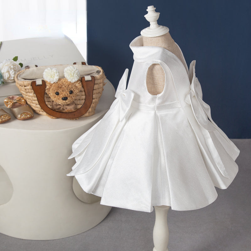 Elegant White Sleeveless Backless Pleated Bow Baby Dress - Toddler Communion Dress for Girls - Perfect for Christening, Baptism, First Communion & Special Occasions