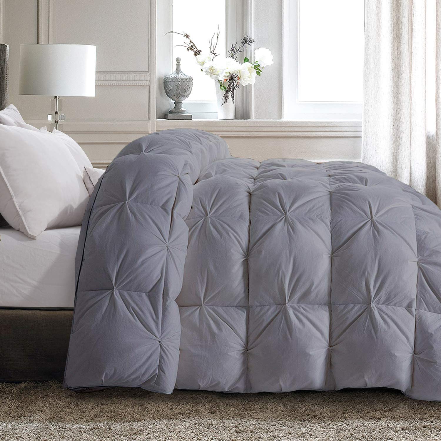 Premium Grey Pinch Pleat Goose Down Comforter Set - Twin/Twin XL Size, 100% Egyptian Cotton Duvet Insert with 500 GSM Fill & 800 Thread Count, Baffle Box Design with Corner Tabs (Includes 2 Pillowcases - 3pc Set) - Luxury Bedding for Master Bedroom, Guest Room & Winter Warmth