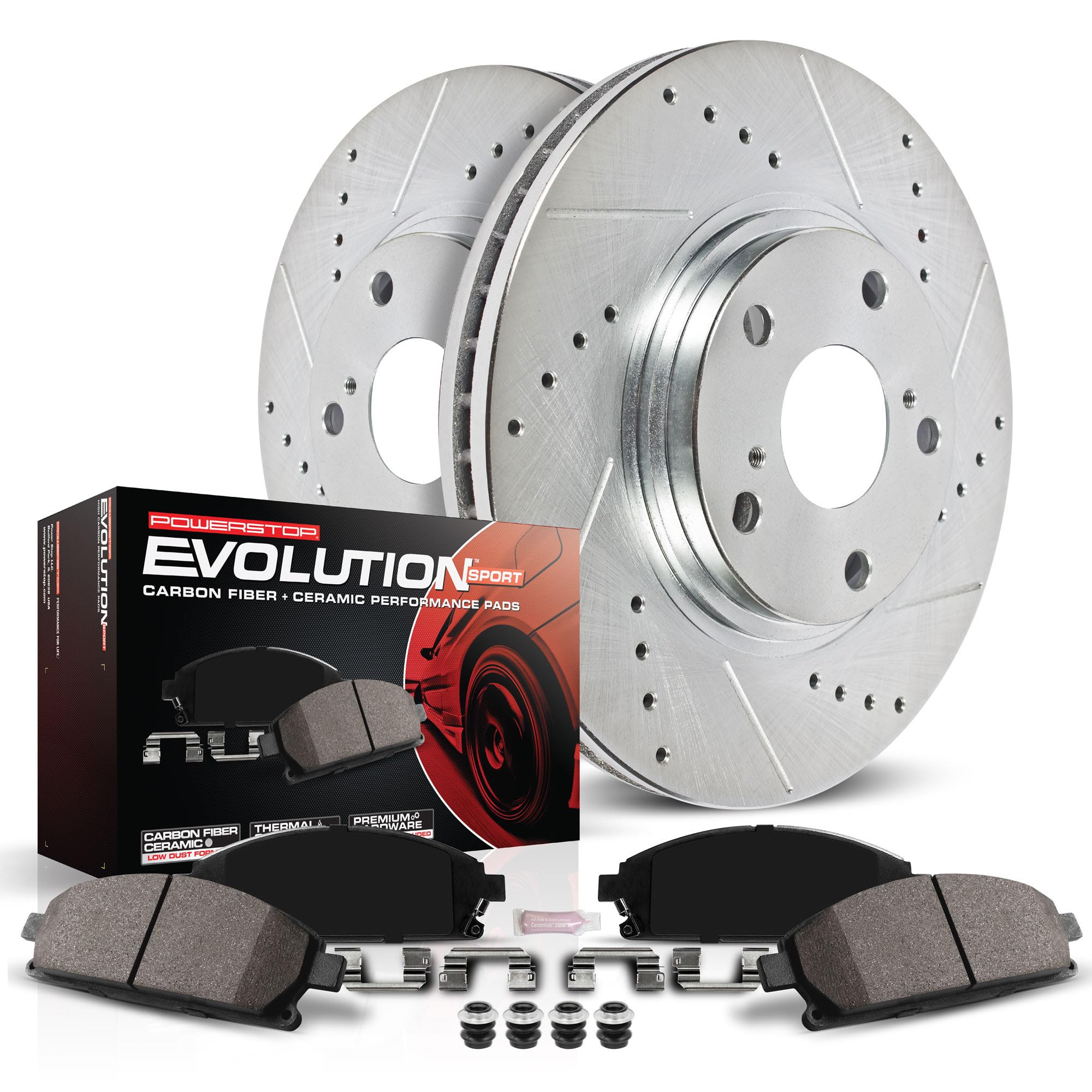 Power Stop K5213 Rear Z23 Carbon Fiber Brake Pads & Drilled Slotted Rotors Kit - High Performance Braking System for Trucks, SUVs & Performance Cars