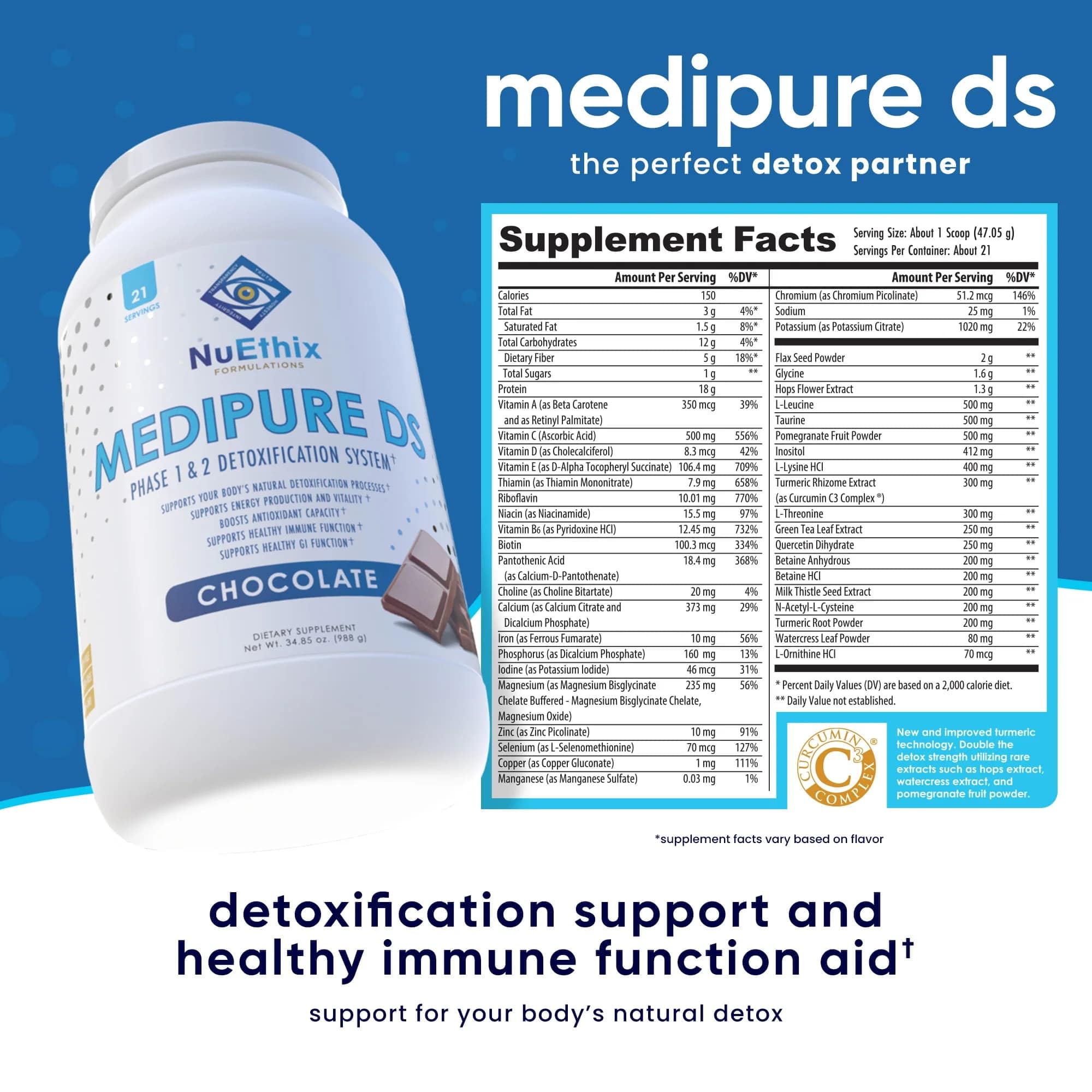 NuEthix Medipure DS Rice Protein Detox Supplement - Phase 1 & 2 Natural Body Cleansing System, Chocolate Flavor (Caffeine-Free, 21 Servings) | Supports Liver Health & Toxin Removal for Daily Wellness