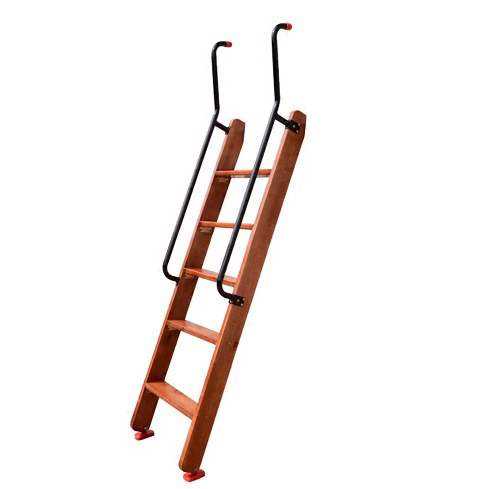 5-Step Wooden Library Ladder with Extra Long Handrail & Wide Steps - 60 Inch Non-Slip Bed Ladder for Twin Bunk Beds, Loft Beds & Dorm Rooms - Supports 300lbs (Brown) - Perfect for Home Libraries, Kids' Rooms & College Dormitories