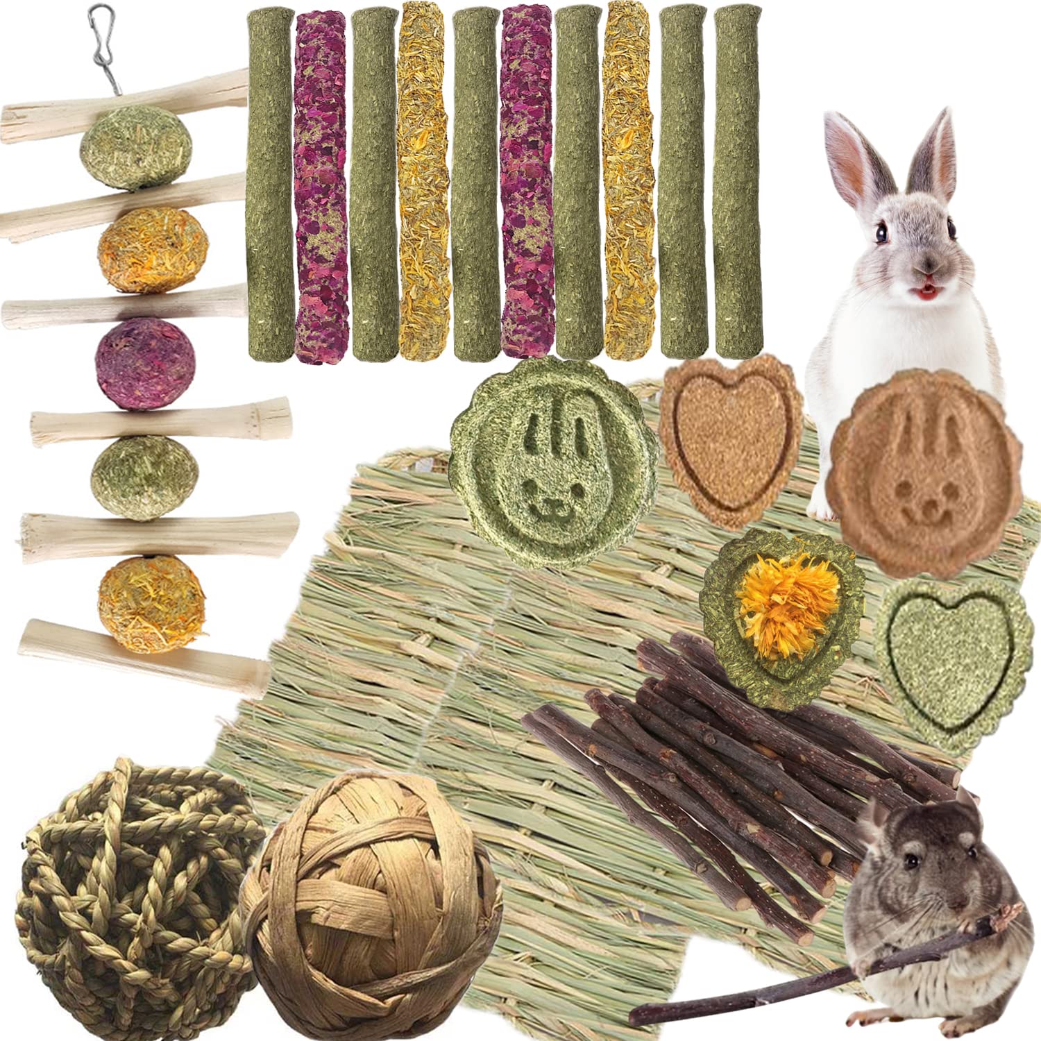 **30PCS Natural Timothy Hay & Apple Wood Chew Toys for Rabbits, Guinea Pigs, Hamsters, Chinchillas - Handmade Dental Treats for Teeth & Molar Care - Perfect for Cage Enrichment & Small Pet Chewing Needs**