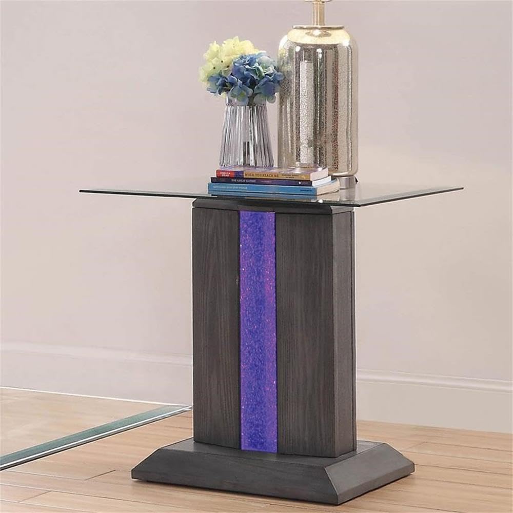 Furniture of America Syracuse Modern Wood and Glass End Table with Built-in LED Light in Gray - Perfect for Living Room, Bedroom, or Office Nightstand
