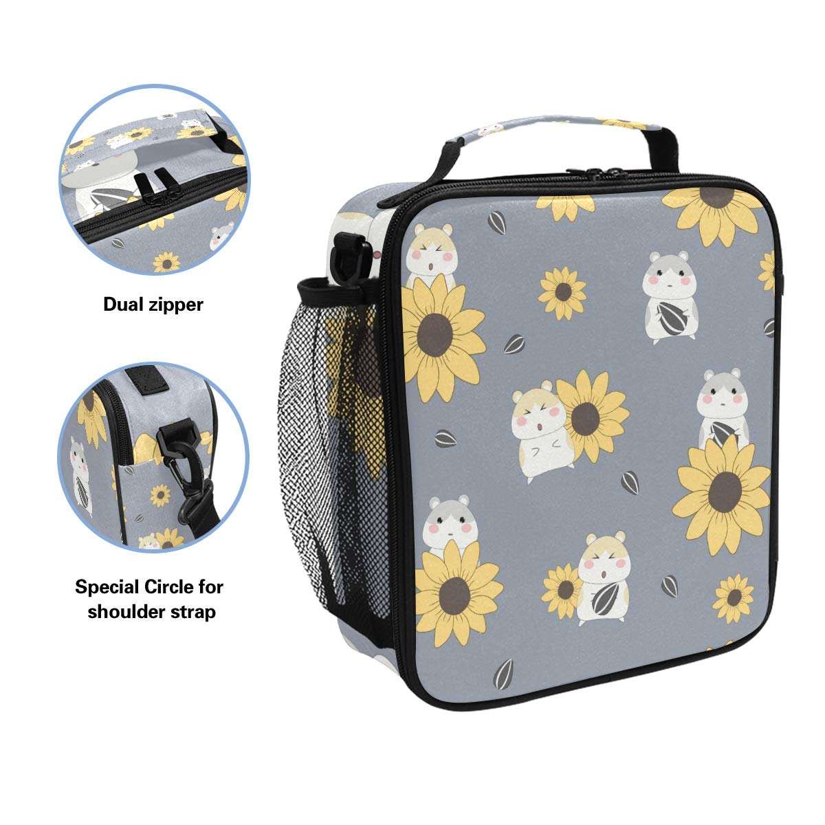 Insulated Lunch Box with Cute Hamster & Sunflower Design - Large Thermal Lunch Bag for Women, Men, Boys & Girls - Meal Prep Cooler & Food Warmer with Adjustable Shoulder Strap - Perfect for School, Work, Picnics & Outdoor Activities