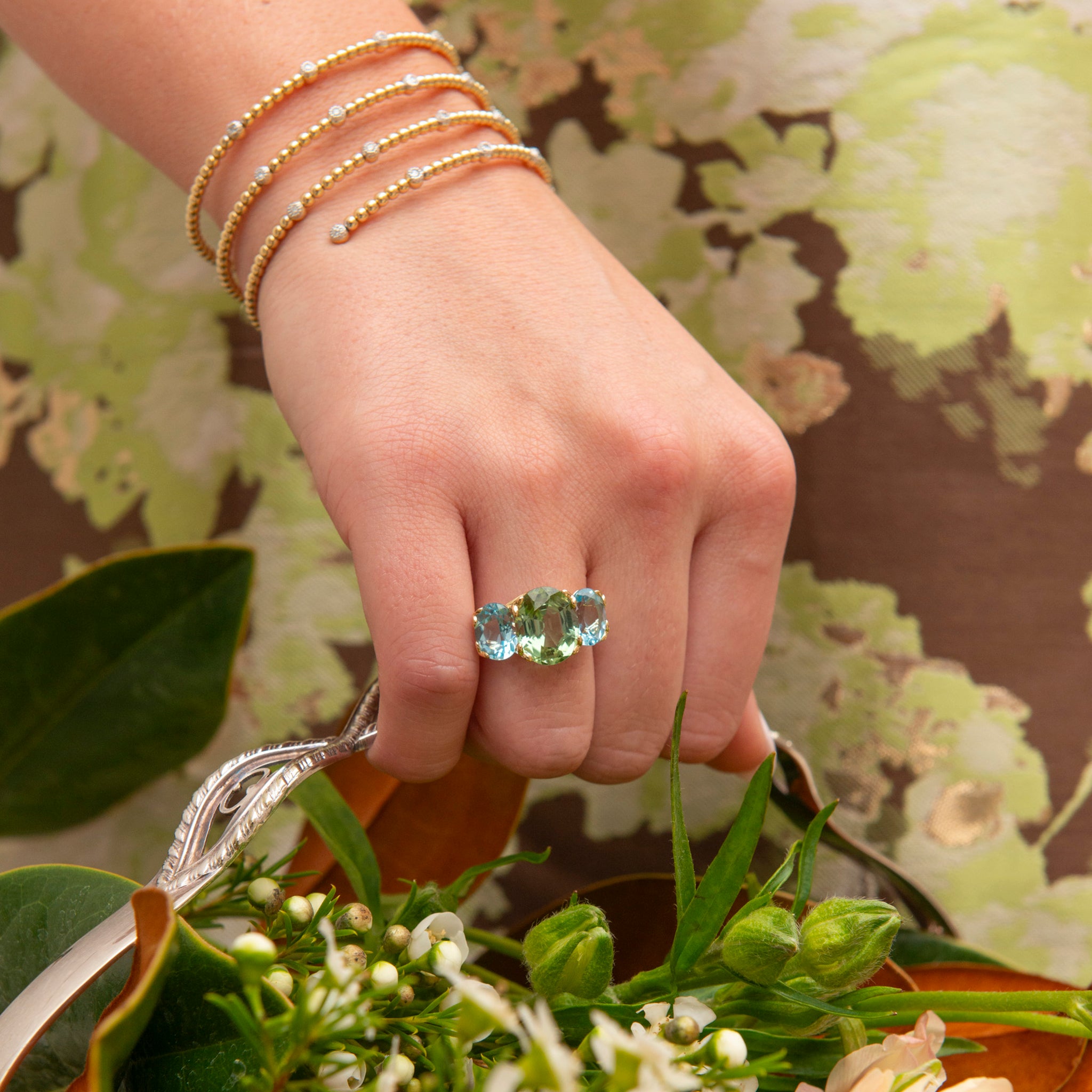 14K Gold Green Tourmaline & Blue Topaz River Ring for Women - Elegant Stackable Jewelry for Everyday Wear, Gift for Her, Wedding, Anniversary & Special Occasions