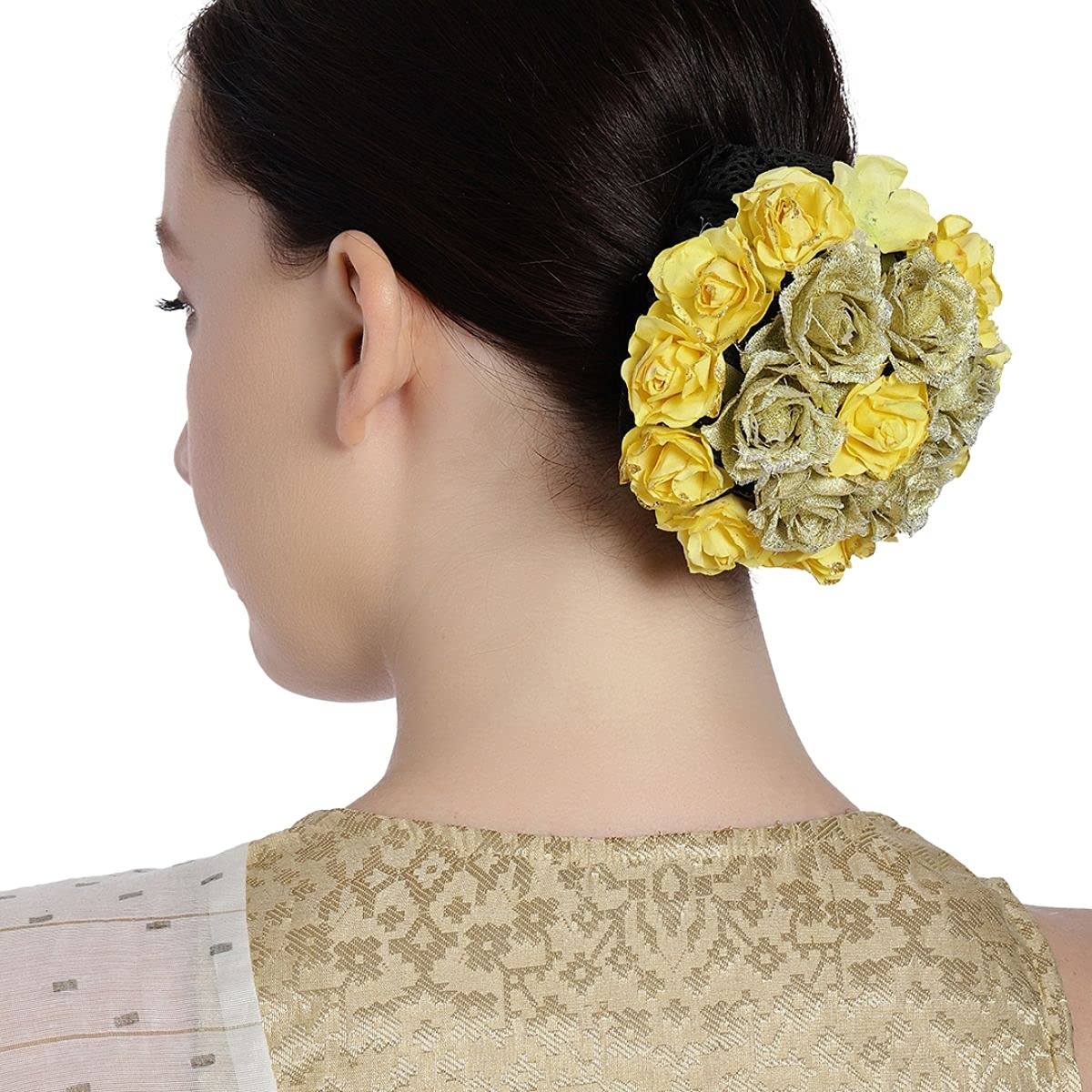 Handmade Yellow Hair Bun Rose Clip - Women's Hair Accessory for Bun Decoration, Gajra & Extensions | Perfect Gift for Karwachauth, Weddings & Festive Occasions | Elegant Hair Styling for Parties & Special Events