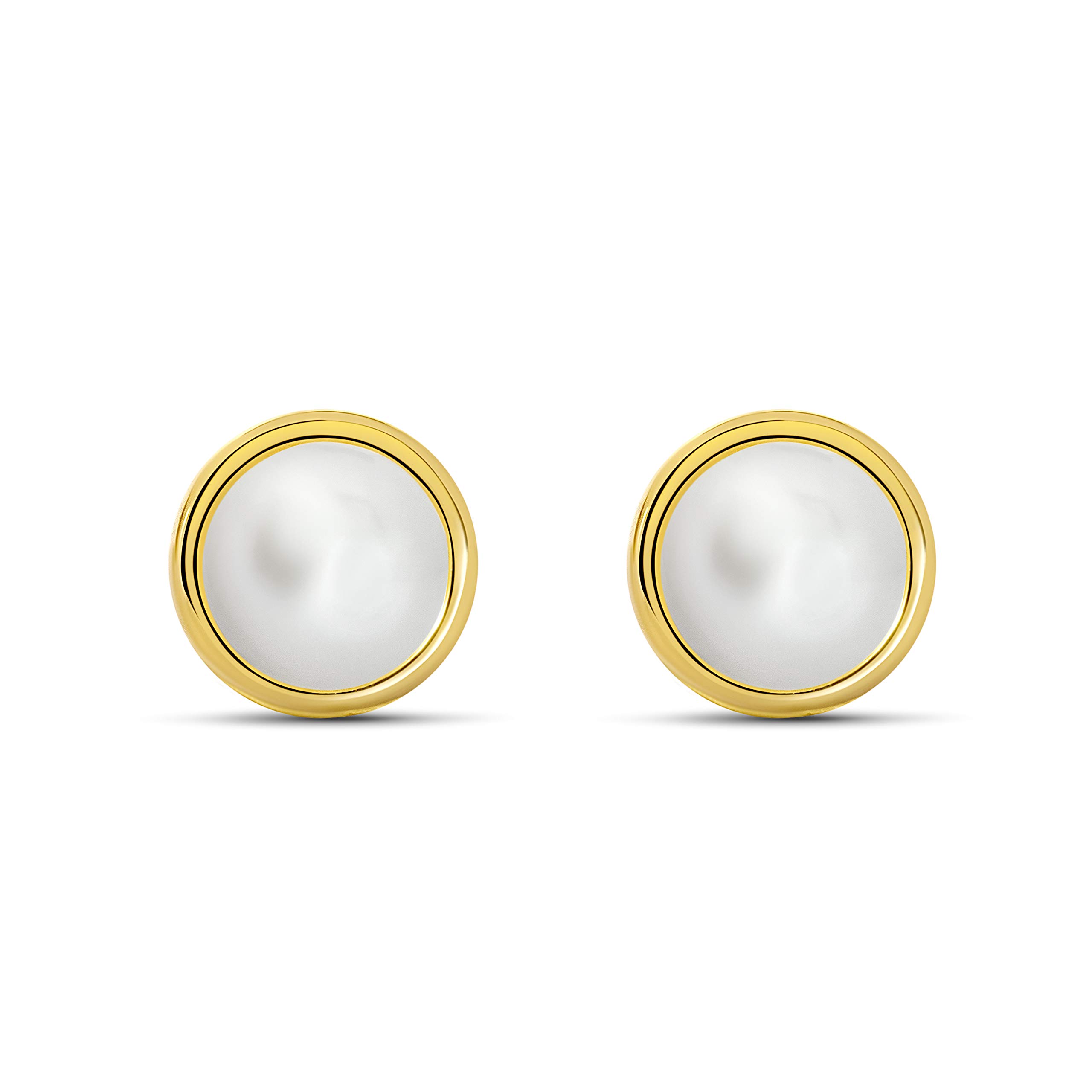 Miore 9K (375) Yellow Gold Cultured Pearl Stud Earrings for Women - 7mm Round Pearl Earrings, Elegant Jewelry Gift for Her - Perfect for Weddings, Parties & Everyday Wear