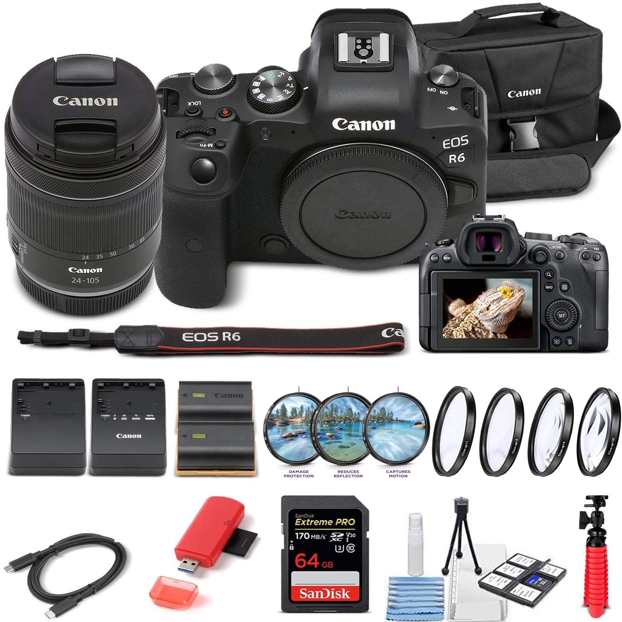 Canon EOS R6 Full Frame Mirrorless Camera with RF 24-105mm f/4-7.1 Lens Kit - 64GB SD Card, Camera Case, Extra Battery, Charger & Accessories - Perfect for Travel, Vlogging & Professional Photography