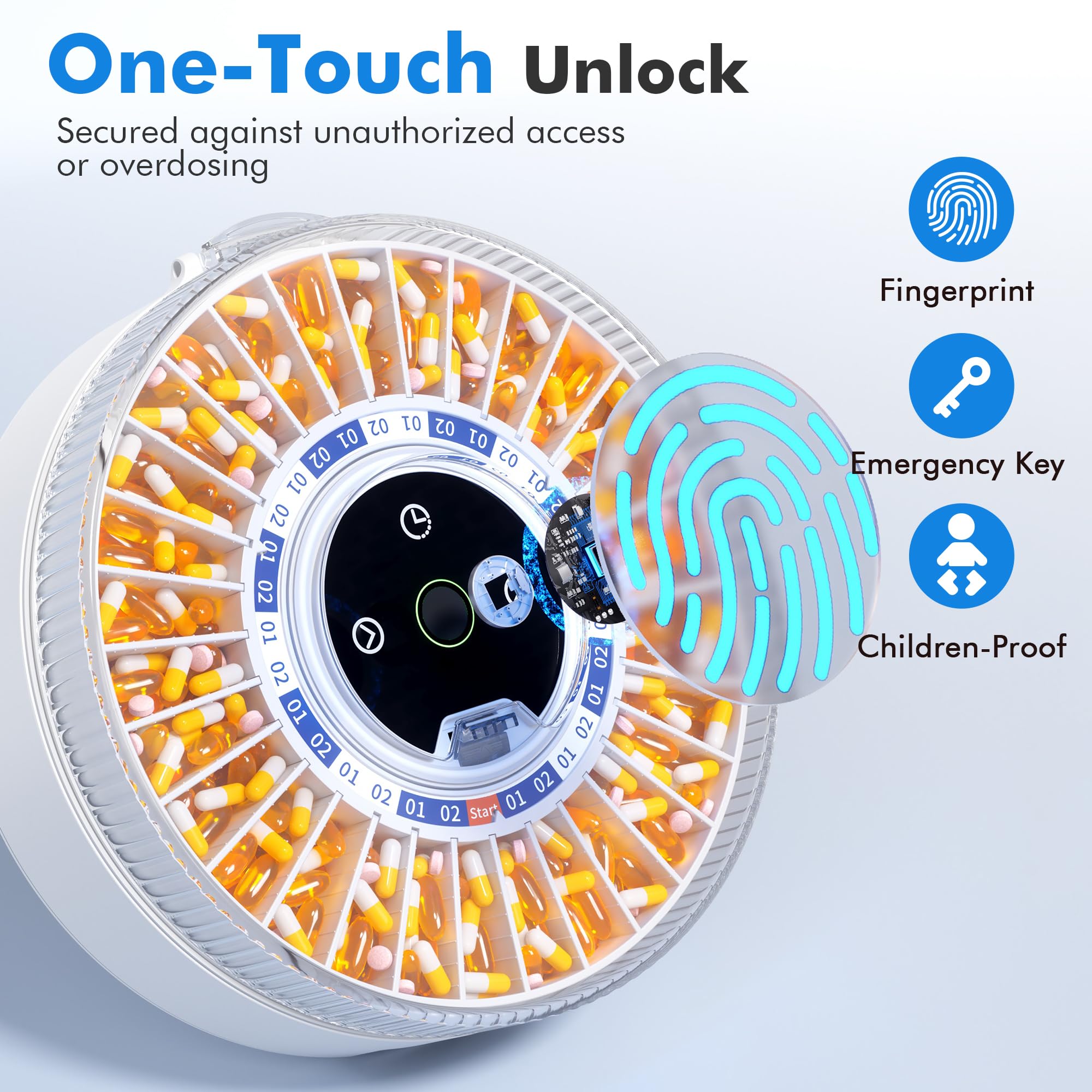 Smart Bluetooth Automatic Pill Dispenser with Alarm - 31-Slot Medication Organizer for Elderly Care | Fingerprint & Mechanical Dual Lock | Timed Dispenser for Daily Medication Management | Perfect for Home Healthcare and Assisted Living Facilities