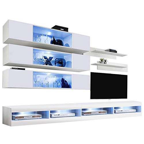 Modern White Wall-Mounted TV Stand with Storage Shelves & LED Lights - 34