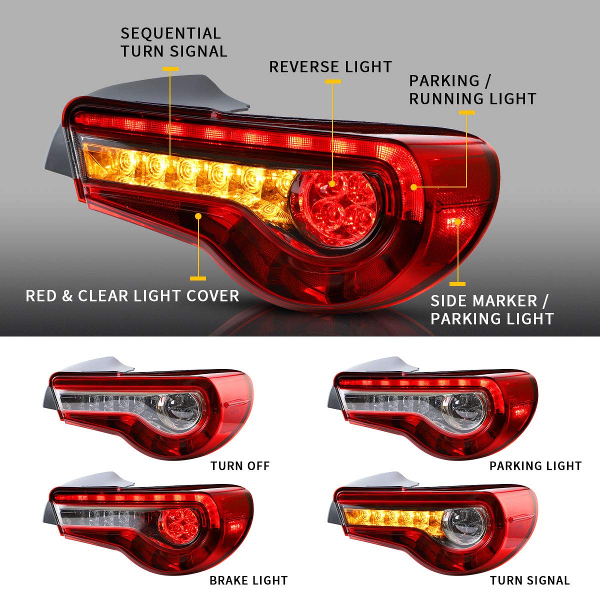 VLAND Full LED Rear Brake Tail Lights for Toyota GT86 (2012-2019), Subaru BRZ (2013-2018), Scion FRS (2012-2016) - Sequential Turn Signal, Red & Clear Lens - YAB-86-0287H | Upgrade Your Coupe's Style & Safety for Night Driving
