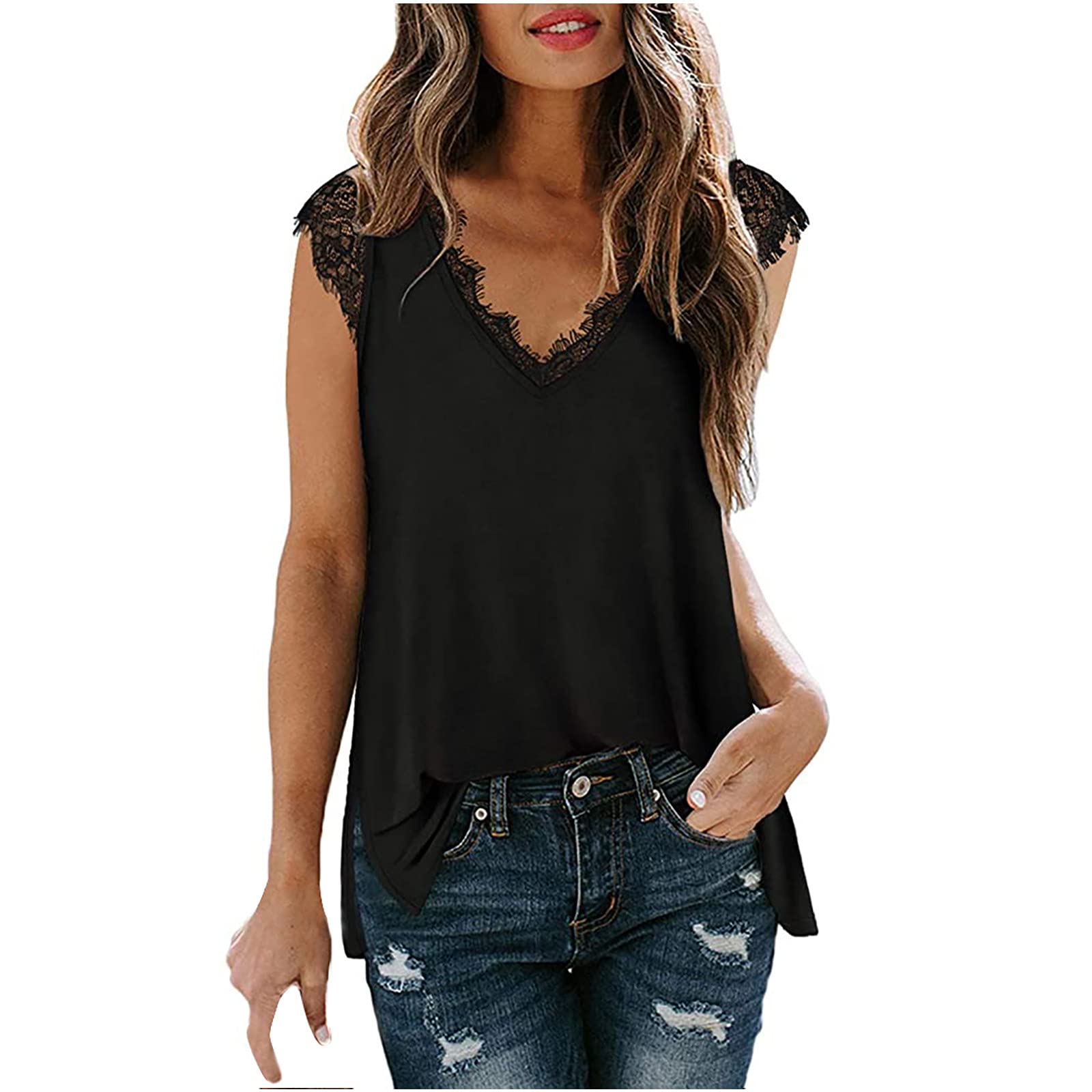Women's Lace V-Neck Sleeveless Tank Top - Trendy Side Split Summer Blouse, Loose Fit Tunic for Casual Wear, Beach Outfits & Date Nights