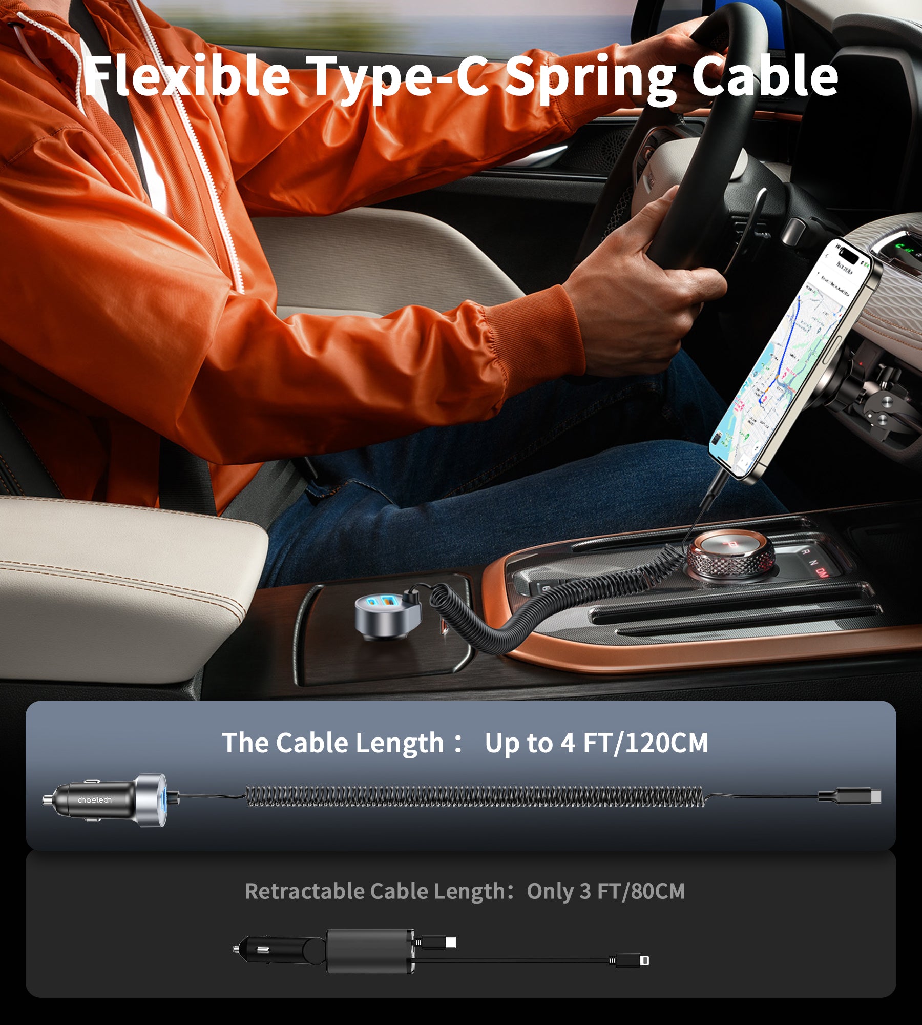 Choetech TC0030 65W USB C Car Charger with USB A Port & Stretchable Type C Cable - Fast Charging for iPhone, Samsung, iPad in Car, Truck, SUV
