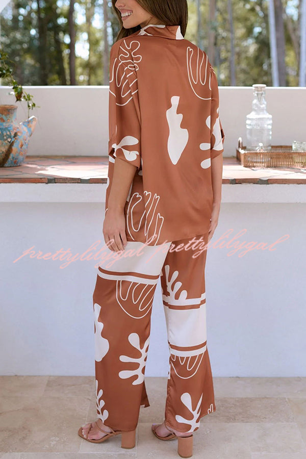 Stylish Color Block Print Button Up Shirt & Elastic Waist Pants Set for Women | Beach Outfit, Summer Vacation, Casual Wear