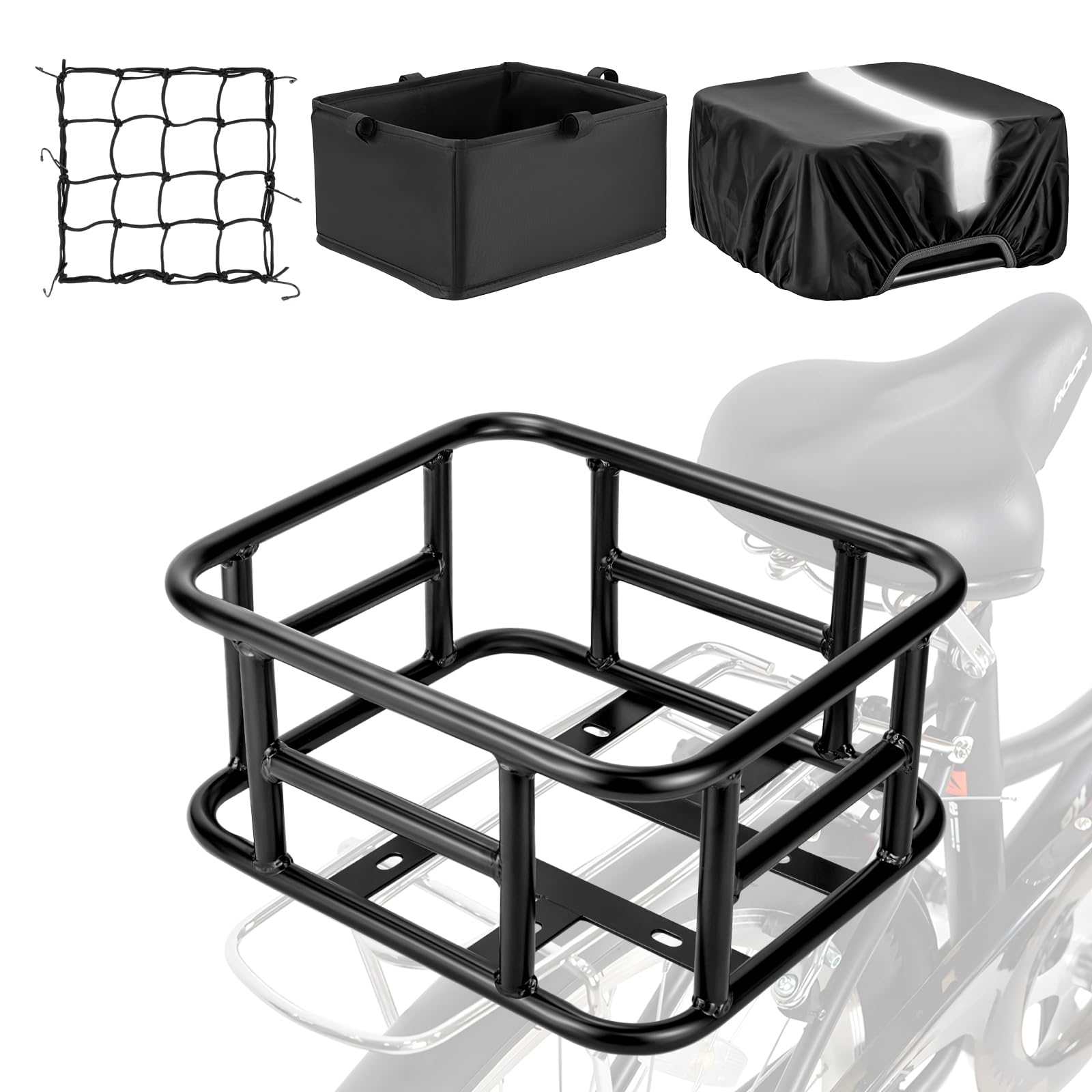 Waterproof Rear Bike Basket with Liner & Cargo Net - Heavy Duty Large Bicycle Basket for Electric Bikes & Ebikes - Perfect for Grocery Shopping, Dog Transport, Bike Trips & Outdoor Adventures