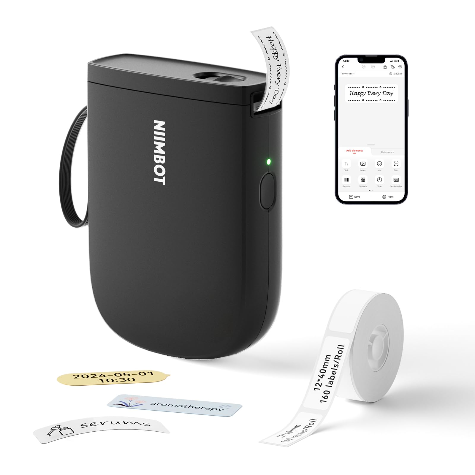 NIIMBOT D11 Bluetooth Label Maker Machine - 300DPI High Resolution Thermal Printer with Tape, Portable Sticker Printer for Home Office School Organization (Black) | Perfect for Labeling Files, Storage Boxes & School Supplies