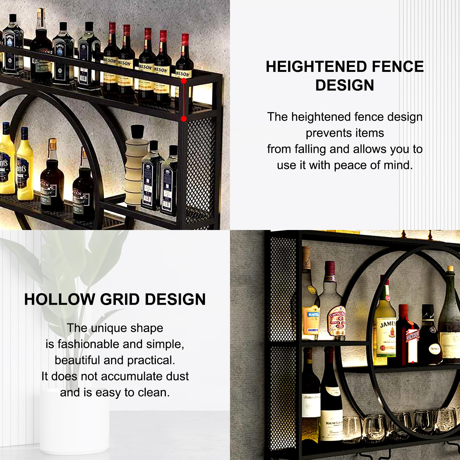 Wall Mounted Metal Wine Rack - Black Iron Floating Shelf for Wine Bottle Storage (39.4