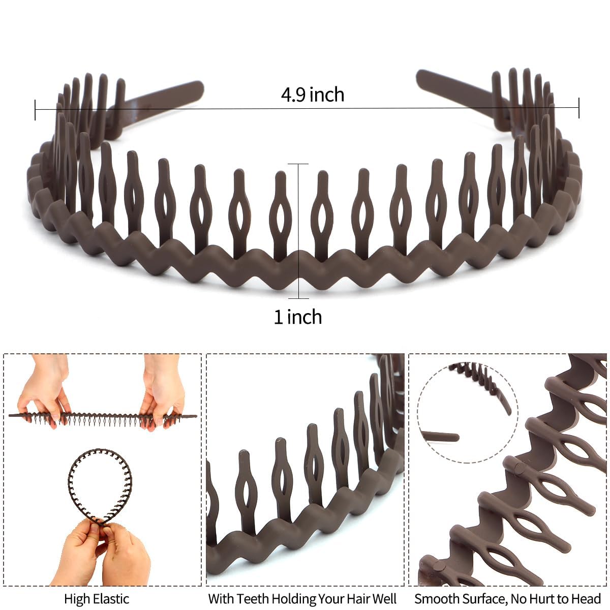 9Pcs Plastic Teeth Hairbands for Women - Non-Slip Matte Hair Bands & Teeth Comb Headbands (Dark Brown) | Perfect for Workouts, Yoga, and Everyday Styling
