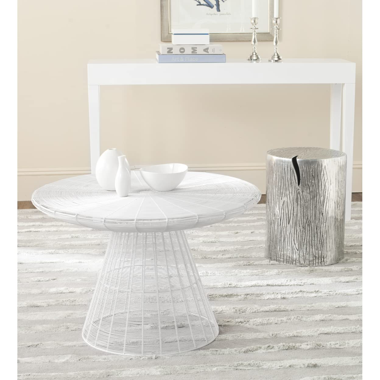 Safavieh Home Collection Reginald White Wire Coffee Table - Modern Metal & Glass End Table for Living Room, Lounge, or Office Decor