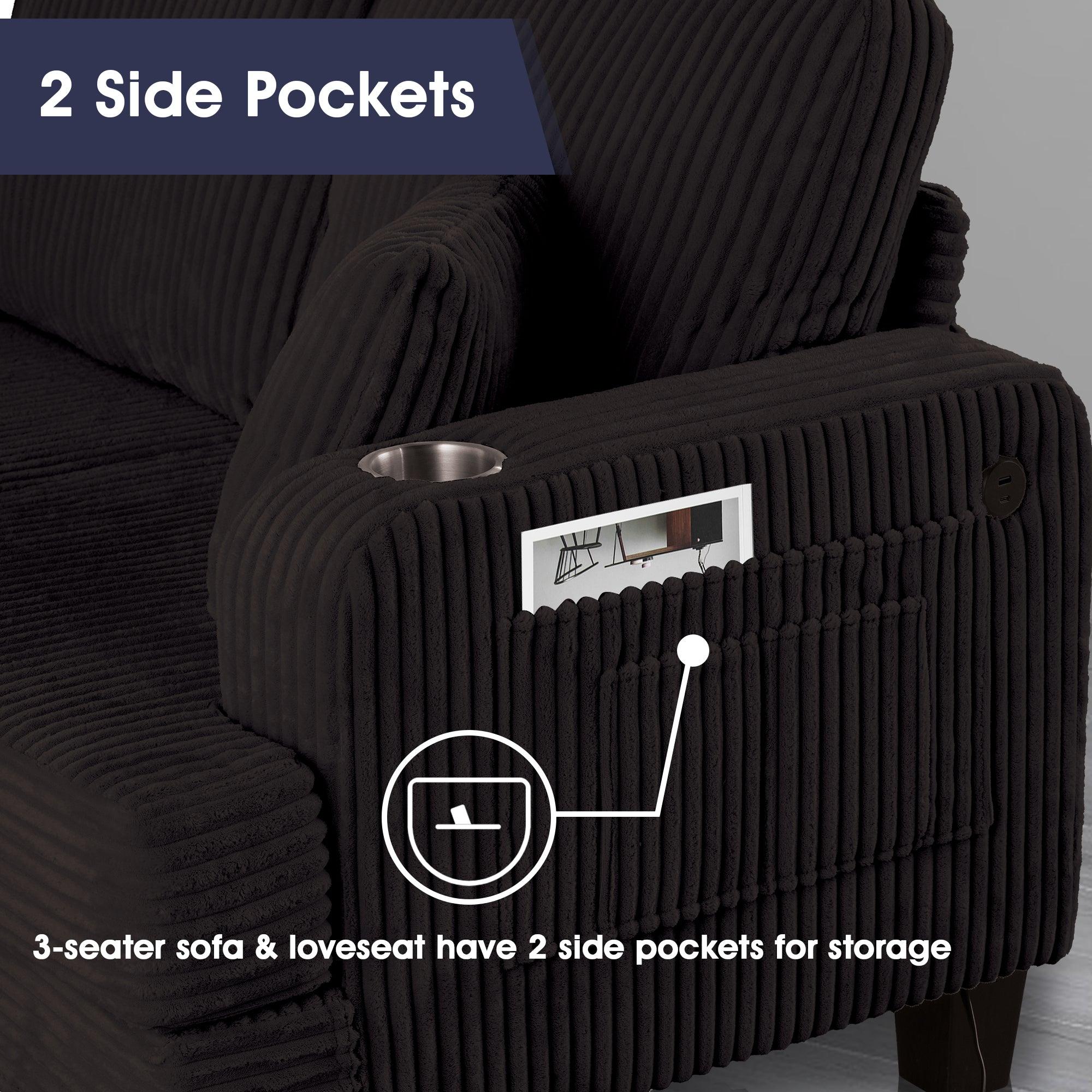 3-Piece Black Sofa Set with Storage Ottoman - Comfy 3-Seater Couch & Loveseat for Living Room | Includes USB Ports, Side Pockets & Throw Pillows | Perfect for Family Gatherings, Movie Nights & Small Space Living