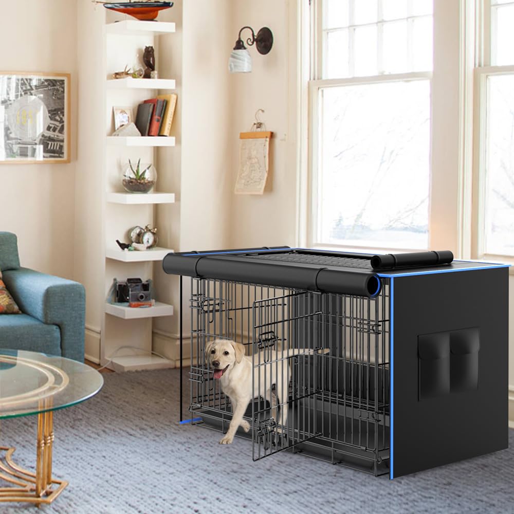 **600D Oxford Waterproof Dog Crate Cover - Windproof & Breathable Mesh Kennel Cover with Storage Pocket, 48 Inch - Ideal for Large Dogs & Cats (Home, Travel, Crate Training)**