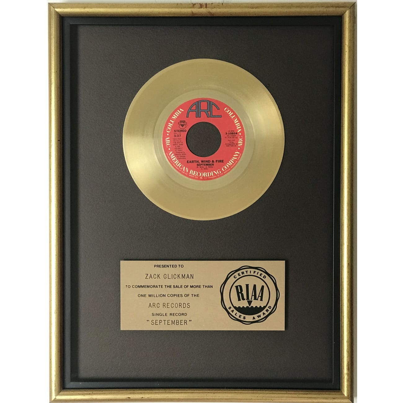 Earth, Wind & Fire September RIAA Gold Single Award - Vintage Music Collectible for Fans & Memorabilia Display