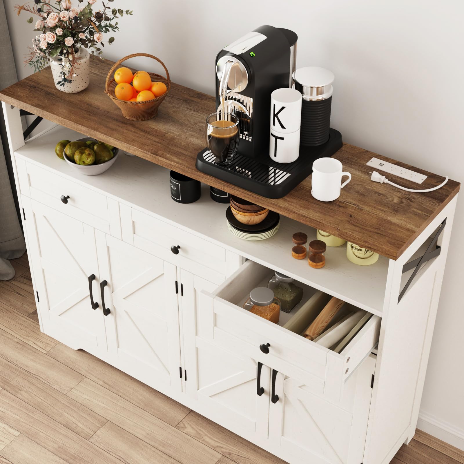Farmhouse Buffet Cabinet with Drawers & Open Shelf - 52