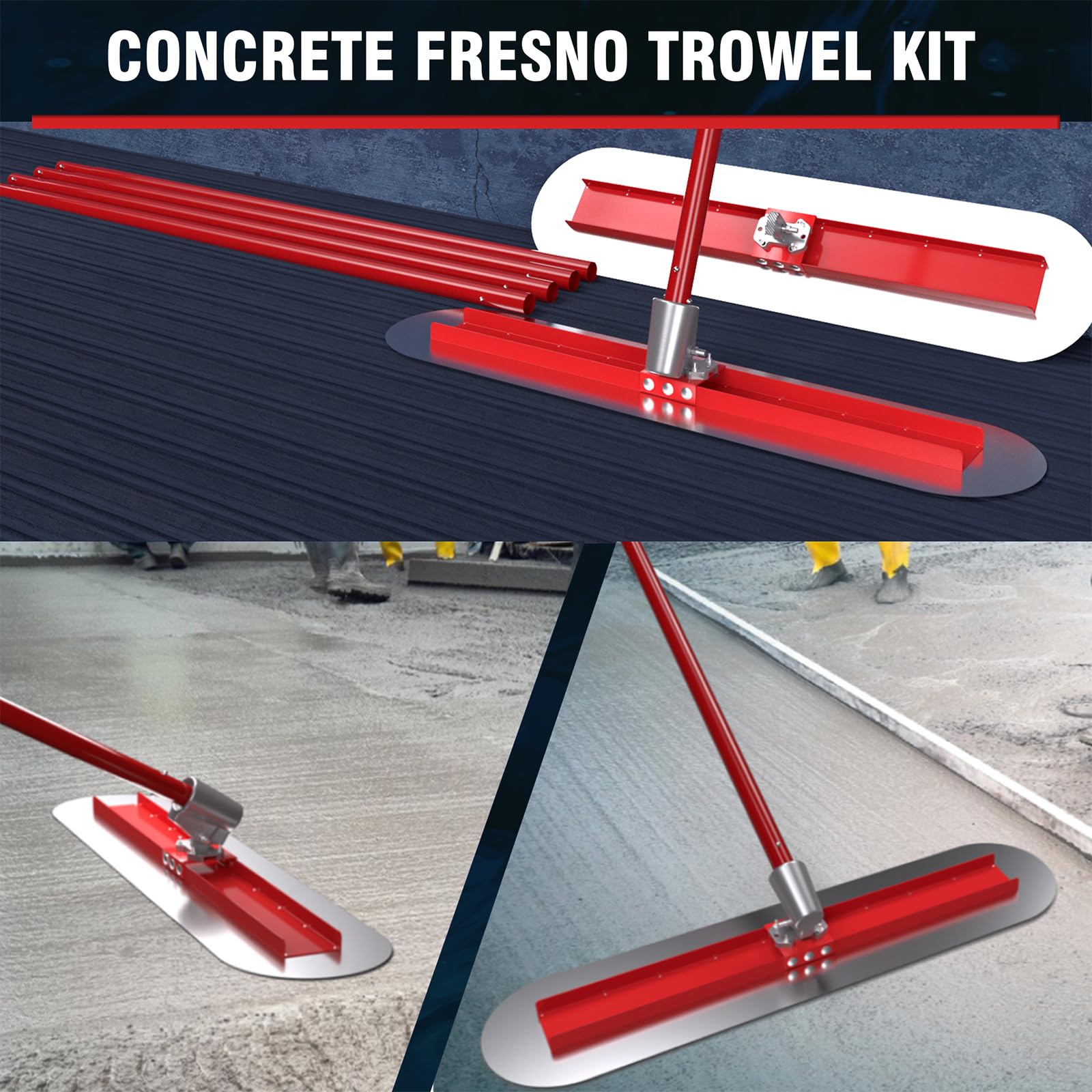 48x12 Inch Stainless Steel Concrete Bull Float Kit with Round End Fresno Trowel, 4 Extendable Aluminum Poles & Tilt Bracket - Perfect for Concrete Leveling, Smoothing, and Finishing on Driveways, Patios & Floors