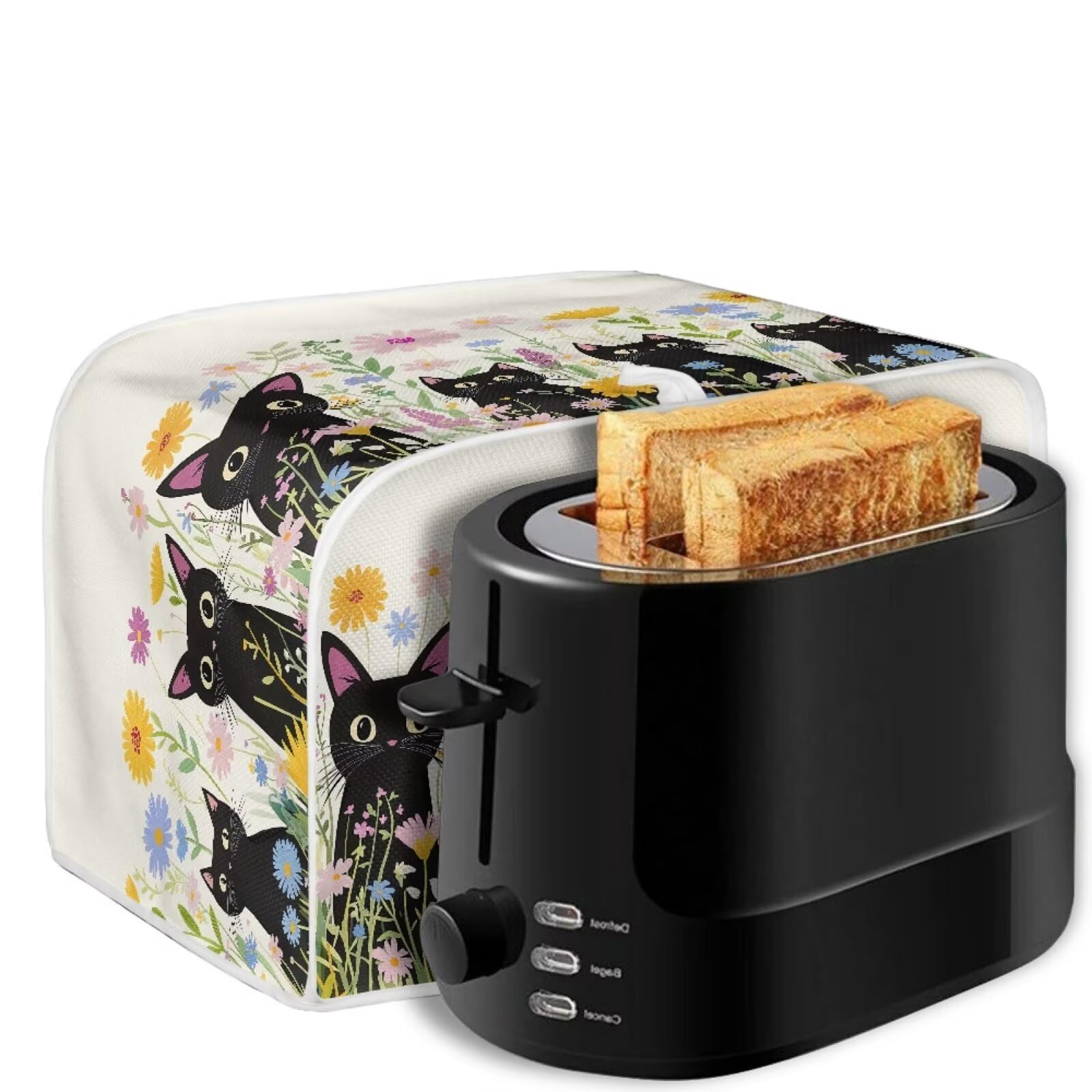 Black Cat Printed Toaster Cover - Dustproof & Fingerprint Resistant Kitchen Appliance Protector, Floral Design Microwave & Toaster Oven Cover - Cute Kitchen Decor Accessory for Home Baking & Coffee Station
