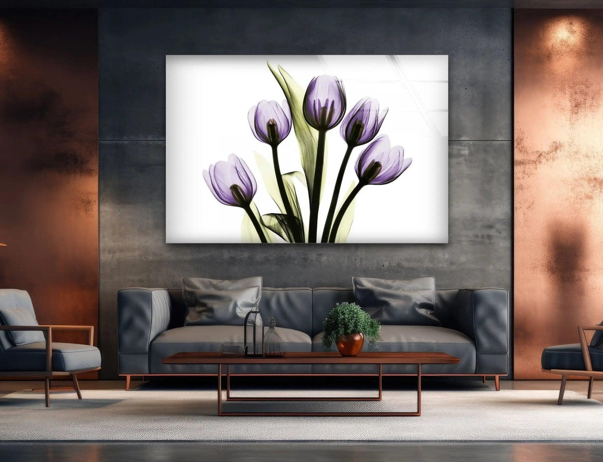 Albert Koetsier Xray Five Tulips In Purple Glass Wall Art - Modern Floral Canvas Print for Living Room, Bedroom & Office Decor