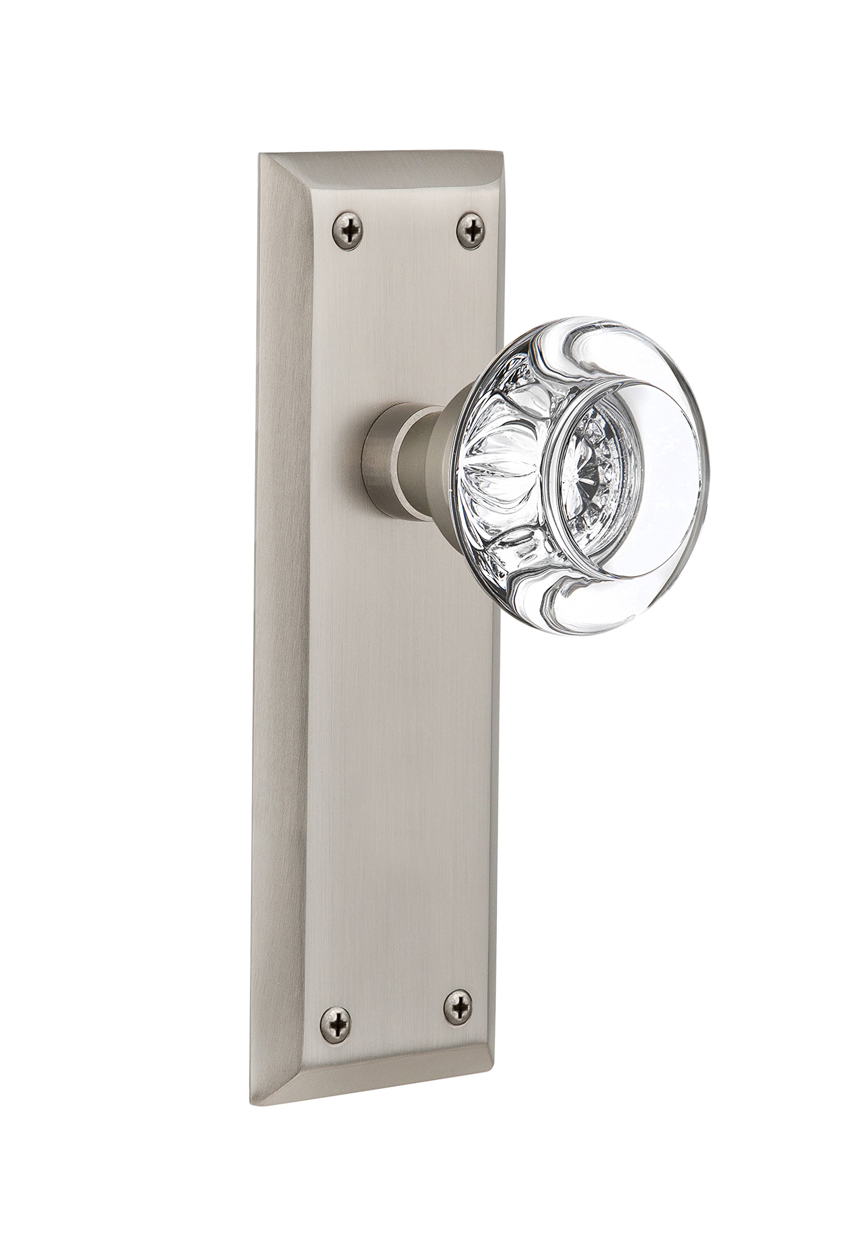Vintage Satin Nickel New York Plate with Round Clear Crystal Glass Knob - 2.375