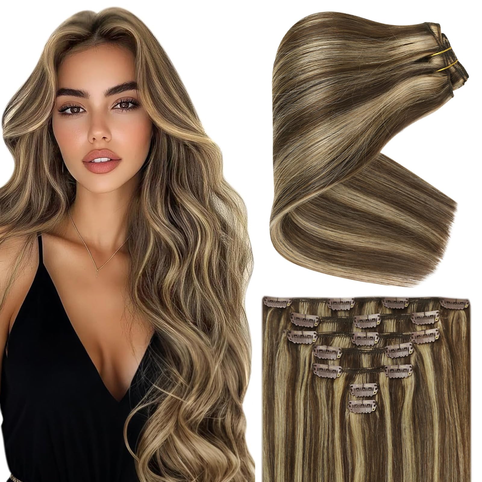 Ve Sunny 18inch Clip-in Human Hair Extensions - 7pcs 120g Dark Brown with Caramel Blonde Highlights | Real Human Hair for Volume & Length | Perfect for Parties, Weddings & Daily Styling