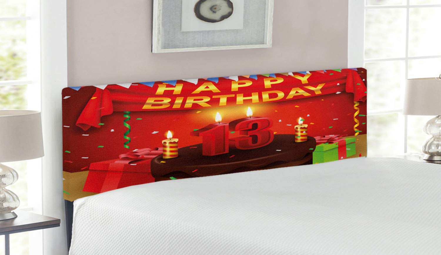Ambesonne 13th Birthday Headboard - Queen Size Upholstered Metal Bed Frame with Memory Foam, Creamy Chocolate Cake Design with Candles, Gifts & Ribbons | Perfect for Teen Bedroom Decor & Birthday Party Themes