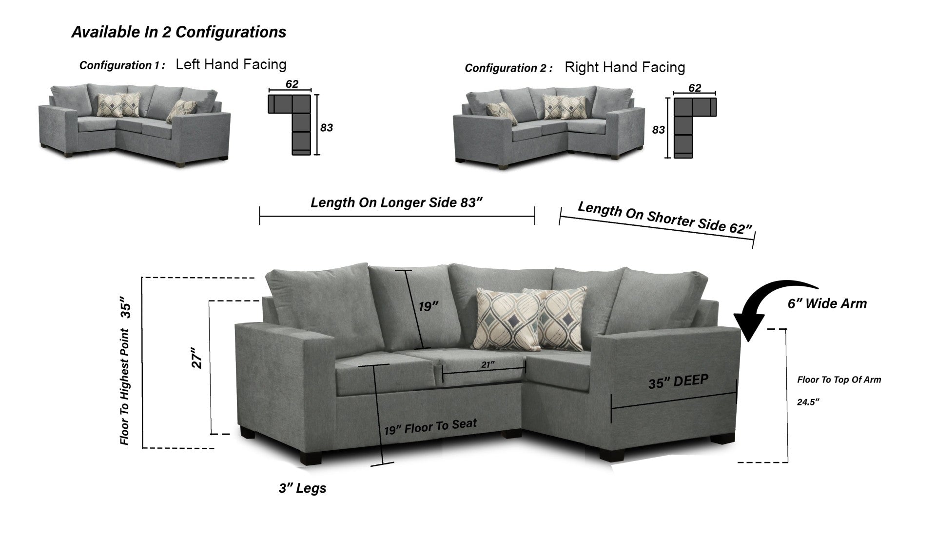 Premium Canadian Made 2x1 Sectional Sofa - LHF/RHF Configurable with 17 Color Options | Modern Living Room Furniture for Small Spaces & Apartments