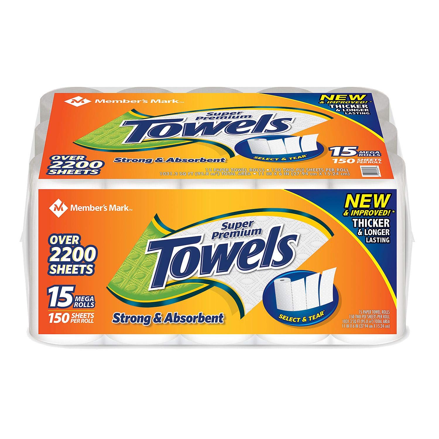 Members Mark Super Premium Paper Towels - 60 Rolls (4 Packs of 15 Rolls, 150 Sheets Each) | Ultra Absorbent & Strong for Kitchen Cleaning, Spills & Household Use