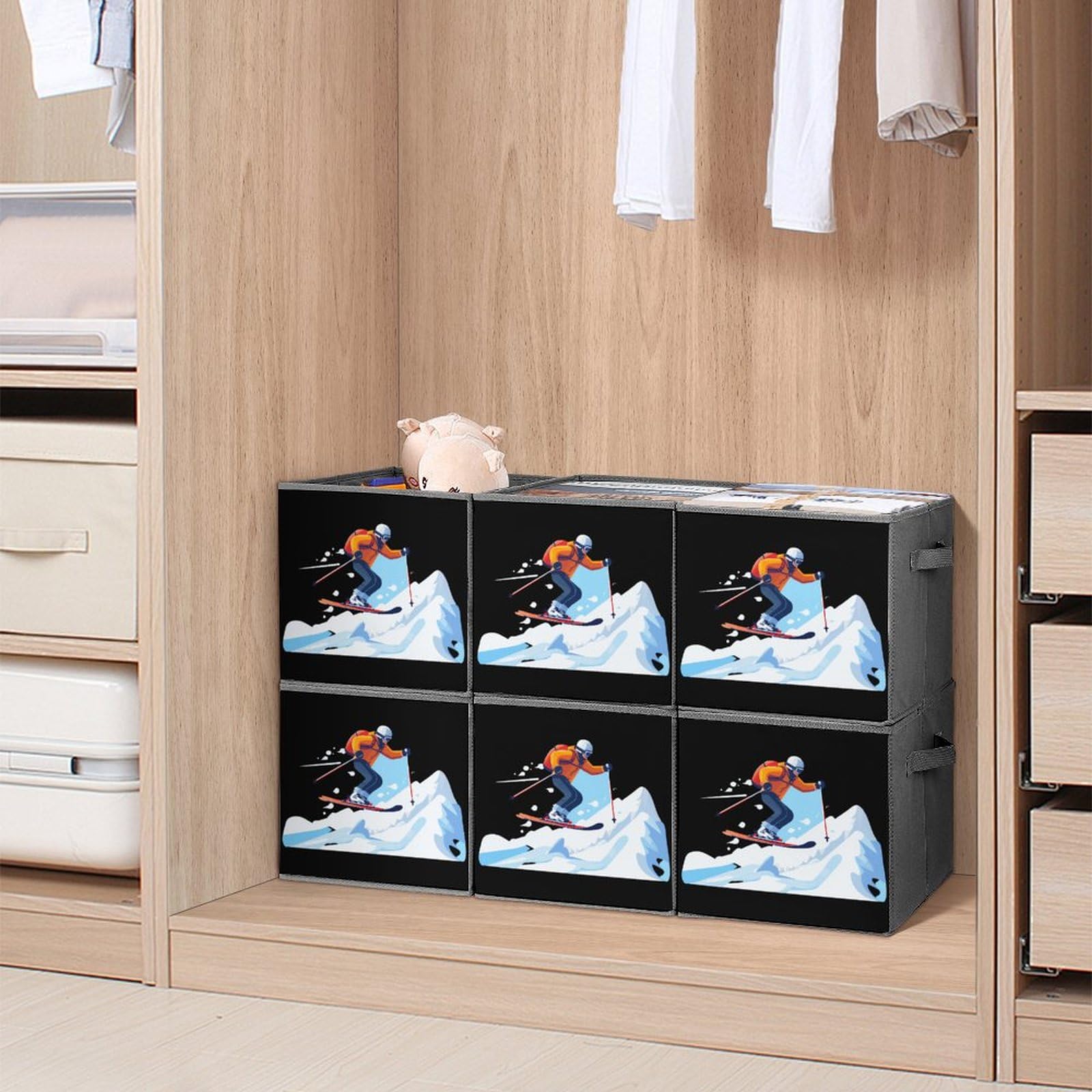 Foldable Storage Cubes with Handles - 6 Pack Organizer Bins for Ski Gear, Closet, and Home Organization - Perfect for Travel, Bedroom, and Office Storage