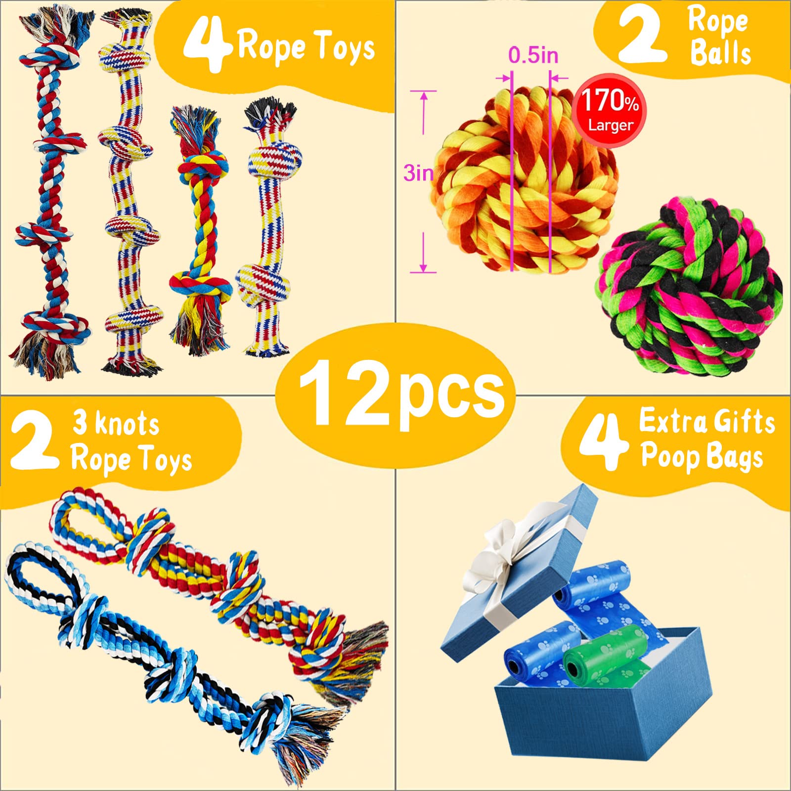 LosFong 12 Pack Indestructible Dog Rope Toys for Large Breeds & Aggressive Chewers - Heavy Duty Dental Chew Toys Made of 100% Cotton for Teeth Cleaning & Tug of War - Perfect for German Shepherds, Pitbulls & Strong Chewers | Great for Playtime, Training & Dental Health