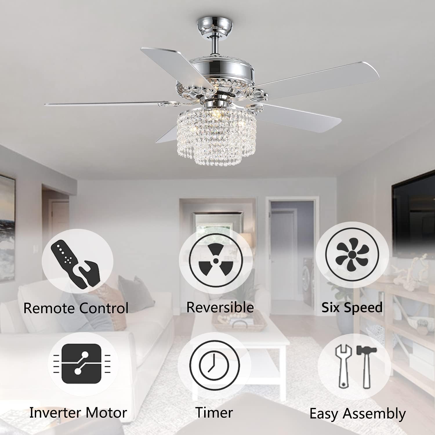 52 Inch Modern Reversible Ceiling Fan with Lights & Remote Control - Crystal Chandelier Fan for Bedroom, Dining Room & Living Room - Silver Finish - Energy Efficient LED Lighting for Home Decor & Air Circulation