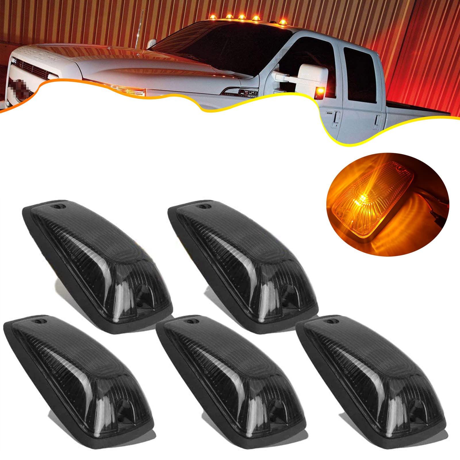 PSEQT 5Pcs LED Cab Roof Marker Lights - Clearance Lights for 1988-2002 Chevy/GMC C/K 1500-7500 Series Trucks - 12V Waterproof Running Lights with Smoke Lens & T10 Bulbs - Perfect for Night Driving & Heavy-Duty Trucking