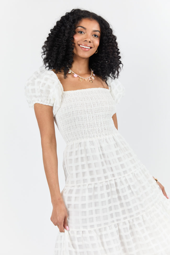 What A Feeling White Windowpane Maxi Dress for Women - Summer Boho Beach Dress, Elegant Flowy Long Dress for Vacation, Party & Wedding Guest