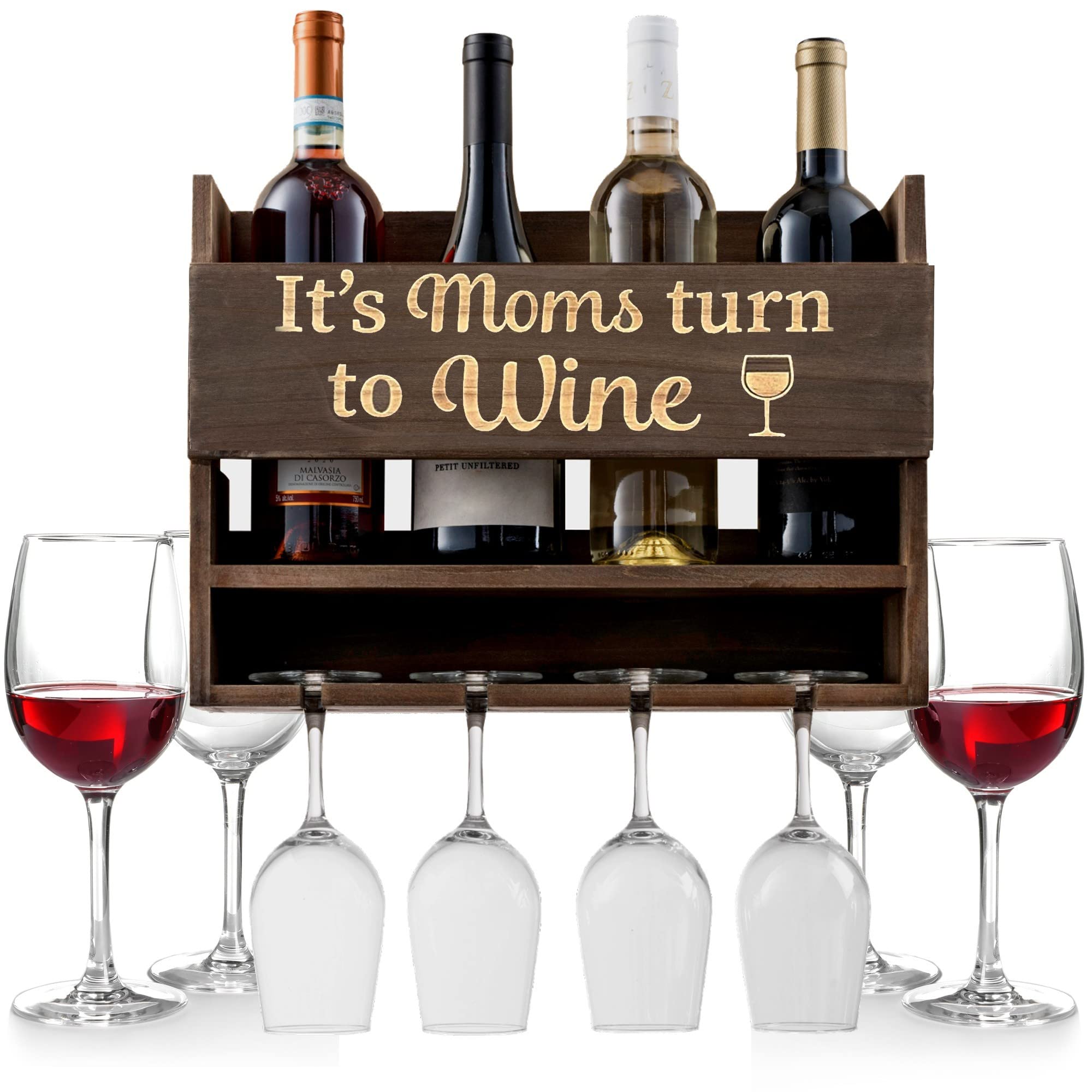 Bezrat Wall Mounted Wine Rack with 4 Wine Glasses - Elegant Wine Storage & Bottle Holder - Perfect Gift for Mom, Birthday, Housewarming - Ideal for Kitchen, Dining Room, Bar Decor
