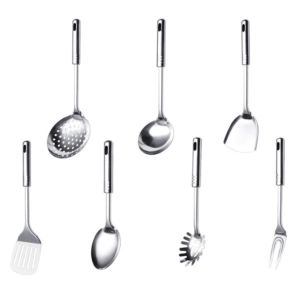 7-Piece Stainless Steel Turner Spatula Strainer Ladle Set - Durable Kitchen Utensils for Cooking, Frying & Baking - Perfect for Home Chefs & Professional Kitchens