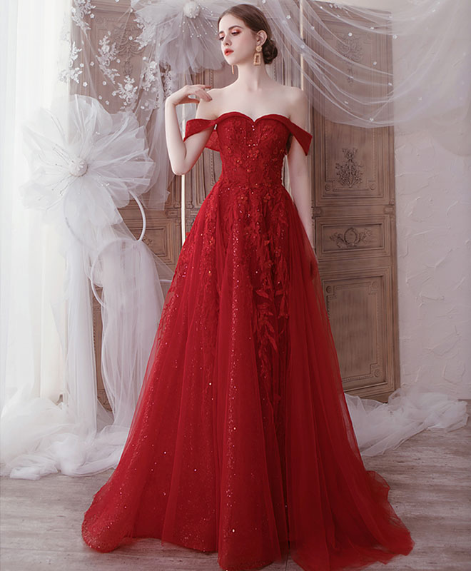 Burgundy Tulle Lace Off Shoulder Long Prom Dress for Women - Elegant Evening Gown for Formal Events, Homecoming, Wedding Guest & Special Occasions