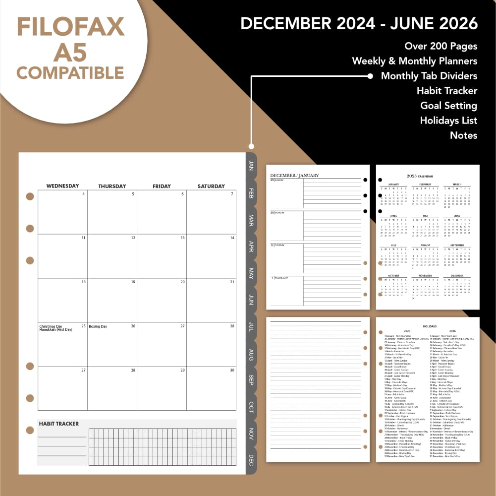 Wanderings 2025-2026 Monthly Weekly Planner Refill Inserts - Ivory A5 6-Ring Binder Calendar for Filofax (8.25