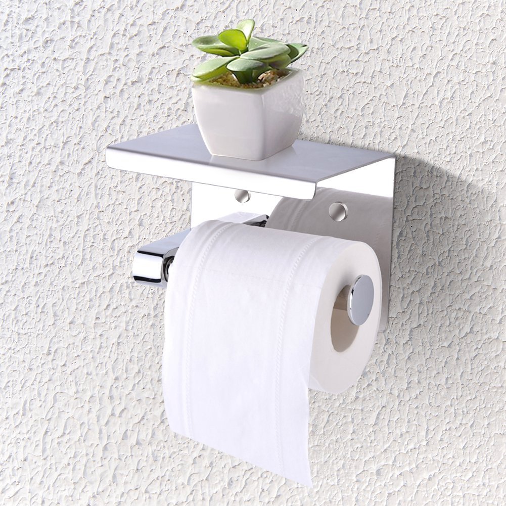 Stainless Steel Wall Mounted Double Roll Toilet Paper Holder with Phone Shelf - Rustproof 304 Stainless Steel Bathroom Tissue Dispenser for Kitchen, Bathroom, Office | Space-Saving Wall Stick Design for Modern Homes