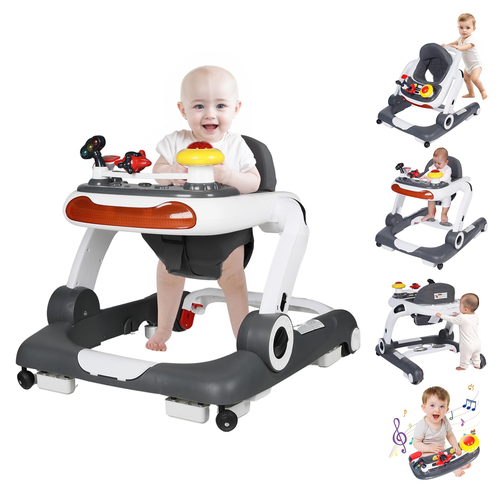 **Kinder King 5-in-1 Baby Walker with Music & Lights - Adjustable Height & Seat, Learning & Walk-Behind Activity Walker for Toddlers - Safety Bumper & Anti-Rollover Design (Grey) - Perfect for Playtime & Early Learning Development**