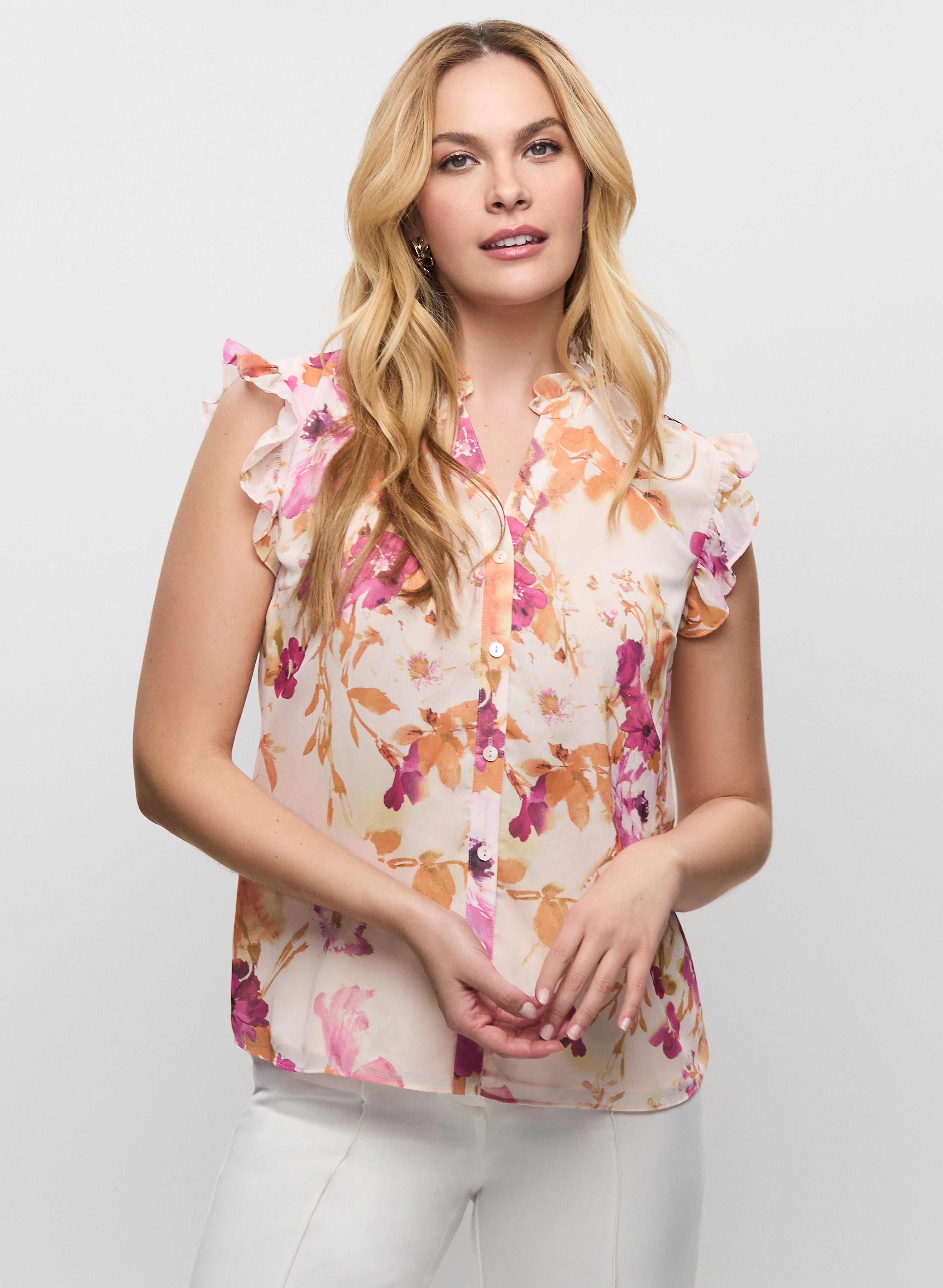 Floral Ruffled Blouse for Women - Elegant Ruffle Sleeve Top with Floral Print | Perfect for Office, Date Night & Spring Outfits