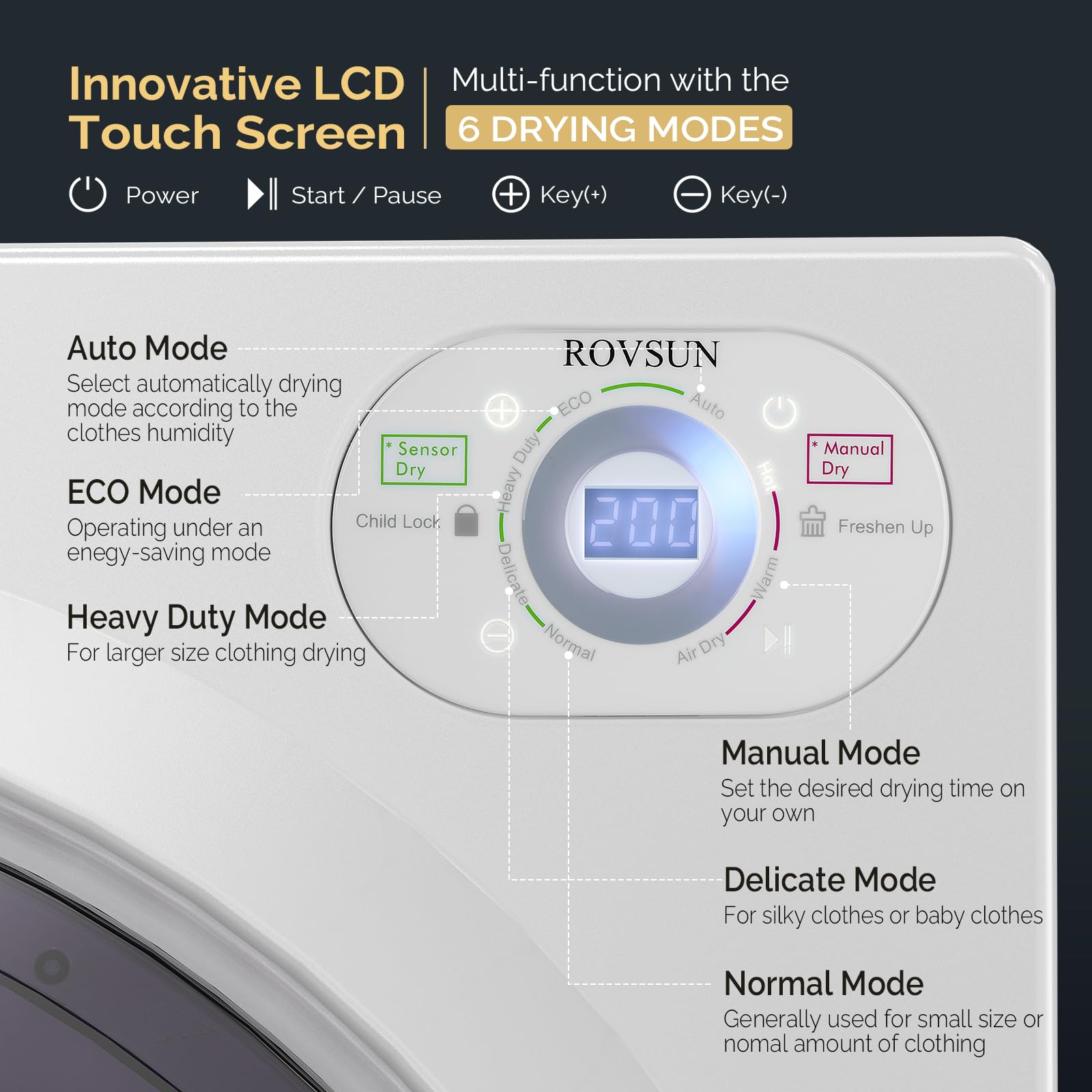 Bonnlo 9LBS Compact Front Load Laundry Dryer - 1400W Stainless Steel Portable Clothes Dryer with LCD Control Panel & 6 Drying Modes - Perfect for Apartments, Homes, Dorms & Small Spaces - Quick Drying for Everyday Laundry Needs
