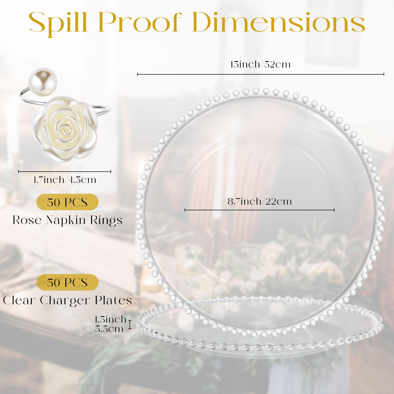 50-Pack Clear Plastic Charger Plates with Napkin Rings - 13 Inch Beaded Round Dinner Plates for Wedding, Party & Event Decorations (Silver) | Elegant Table Setting for Formal Dinners, Bridal Showers & Holiday Celebrations